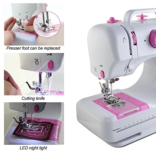 Mini Sewing Machine for Beginner, Portable Sewing Machine, 12 Built-in Stitches Small Sewing Machine Double Threads and Two Speed Multi-function Mending Machine with Foot Pedal for Kids, Women (Pink)