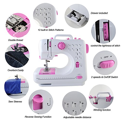 Mini Sewing Machine for Beginner, Portable Sewing Machine, 12 Built-in Stitches Small Sewing Machine Double Threads and Two Speed Multi-function Mending Machine with Foot Pedal for Kids, Women (Pink)