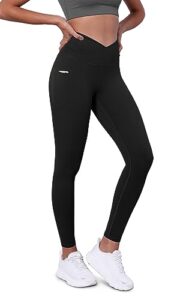 ododos women's cross waist full length yoga leggings with pockets, inseam 28" gathered crossover workout yoga pants, black, medium