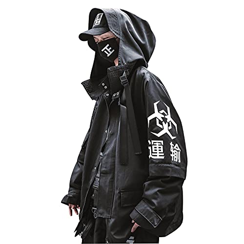 Niepce Inc Japanese Streetwear Zip Up Windbreaker Jacket for Men (Black2, XL)