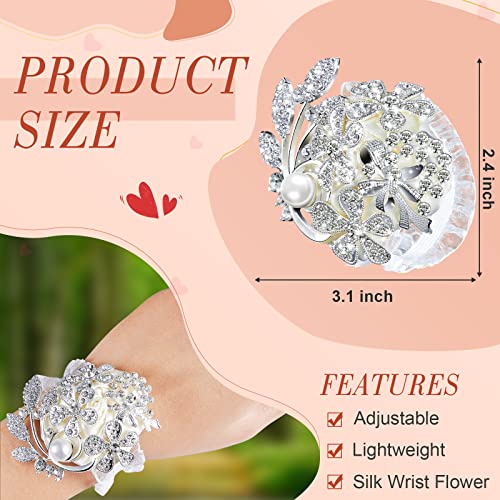 MTLEE 2 Pieces Rhinestone Wrist Corsage Wristlet Bracelet Silk Wrist Flower with Peal and Diamond for Wedding Bridesmaid Bridal Shower Prom Party(Silver Ivory)