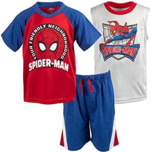 marvel avengers spider-man little boys 3 piece outfit set: t-shirt tank top shorts 7-8