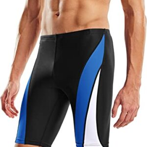 TSLA Men's Swim Jammers, Athletic Racing Swimming Shorts Trunks, UPF 50+ Sun Protection Endurance Triathlon Swimsuit, Splice Black & Blue & White, 40