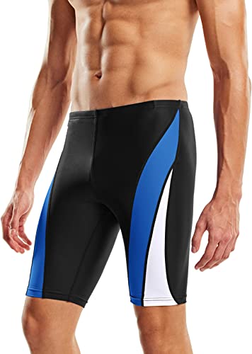 TSLA Men's Swim Jammers, Athletic Racing Swimming Shorts Trunks, UPF 50+ Sun Protection Endurance Triathlon Swimsuit, Splice Black & Blue & White, 40