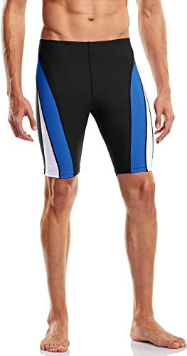 TSLA Men's Swim Jammers, Athletic Racing Swimming Shorts Trunks, UPF 50+ Sun Protection Endurance Triathlon Swimsuit, Splice Black & Blue & White, 40