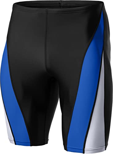 TSLA Men's Swim Jammers, Athletic Racing Swimming Shorts Trunks, UPF 50+ Sun Protection Endurance Triathlon Swimsuit, Splice Black & Blue & White, 40