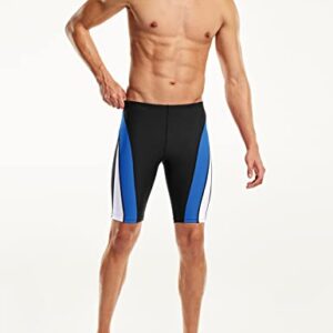 TSLA Men's Swim Jammers, Athletic Racing Swimming Shorts Trunks, UPF 50+ Sun Protection Endurance Triathlon Swimsuit, Splice Black & Blue & White, 40