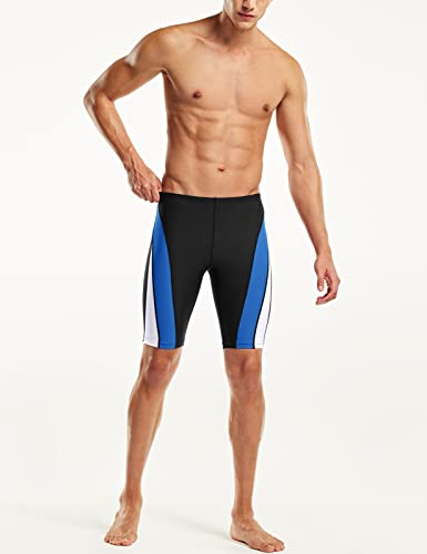 TSLA Men's Swim Jammers, Athletic Racing Swimming Shorts Trunks, UPF 50+ Sun Protection Endurance Triathlon Swimsuit, Splice Black & Blue & White, 40