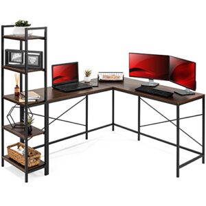 best choice products l-shaped corner computer desk, large study workstation furniture w/multifunctional 5-tier open storage bookshelves, custom setup for home, office - brown/black