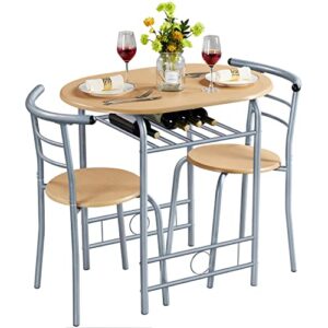 yaheetech 3-piece dining table set, kitchen table & chair sets for 2, compact table set w/steel legs, built-in wine rack for breakfast nook, small space, apartment, natural