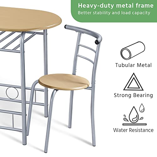 Yaheetech 3-Piece Dining Table Set, Kitchen Table & Chair Sets for 2, Compact Table Set w/Steel Legs, Built-in Wine Rack for Breakfast Nook, Small Space, Apartment, Natural