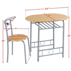 Yaheetech 3-Piece Dining Table Set, Kitchen Table & Chair Sets for 2, Compact Table Set w/Steel Legs, Built-in Wine Rack for Breakfast Nook, Small Space, Apartment, Natural