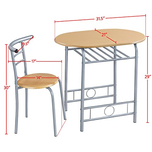 Yaheetech 3-Piece Dining Table Set, Kitchen Table & Chair Sets for 2, Compact Table Set w/Steel Legs, Built-in Wine Rack for Breakfast Nook, Small Space, Apartment, Natural