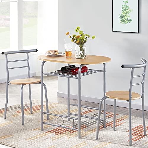 Yaheetech 3-Piece Dining Table Set, Kitchen Table & Chair Sets for 2, Compact Table Set w/Steel Legs, Built-in Wine Rack for Breakfast Nook, Small Space, Apartment, Natural