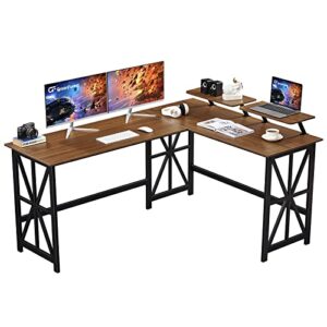 greenforest l shaped desk with 2 monitor stand, 63.8 inch reversible corner computer desk for home office study gaming workstation crafting table spaces saving, easy assembly, walnut