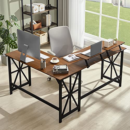 GreenForest L Shaped Desk with 2 Monitor Stand, 63.8 inch Reversible Corner Computer Desk for Home Office Study Gaming Workstation Crafting Table Spaces Saving, Easy Assembly, Walnut
