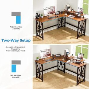 GreenForest L Shaped Desk with 2 Monitor Stand, 63.8 inch Reversible Corner Computer Desk for Home Office Study Gaming Workstation Crafting Table Spaces Saving, Easy Assembly, Walnut