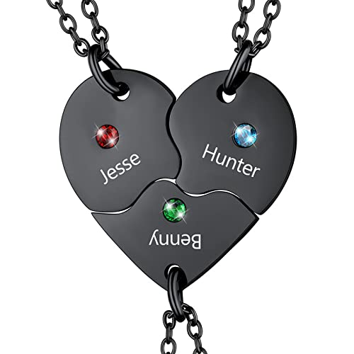 U7 Best Friend Necklace Set for 3 People Black Color Heart Puzzle Pieces Pendant Custom Engraved BFF Necklaces Friendship Family Member Gift with Birthstones