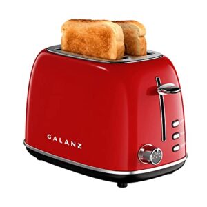 galanz 2-slice toaster, 1.5" extra wide slots for bagels & thick bread, defrost and 6 browning levels, includes a dust lid & removable crumb tray, retro red