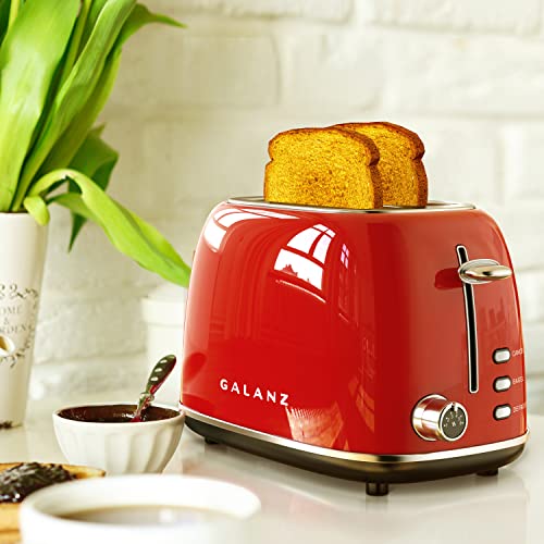 Galanz 2-Slice Toaster, 1.5" Extra Wide Slots for Bagels & Thick Bread, Defrost and 6 Browning Levels, Includes a Dust Lid & Removable Crumb Tray, Retro Red