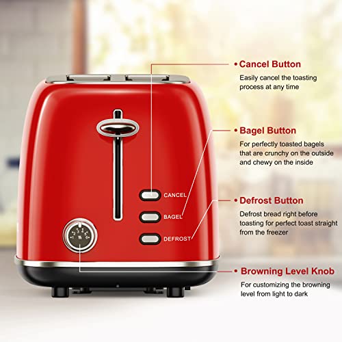 Galanz 2-Slice Toaster, 1.5" Extra Wide Slots for Bagels & Thick Bread, Defrost and 6 Browning Levels, Includes a Dust Lid & Removable Crumb Tray, Retro Red