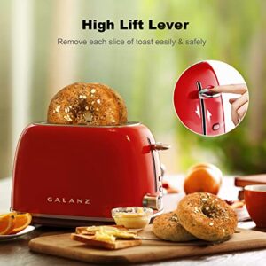Galanz 2-Slice Toaster, 1.5" Extra Wide Slots for Bagels & Thick Bread, Defrost and 6 Browning Levels, Includes a Dust Lid & Removable Crumb Tray, Retro Red