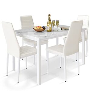 awqm white dining table set for 4,faux marble kitchen table and chairs for 4 with upholstered leather chairs,dining room table set for kitchen,small spaces,breakfast nook,white+beige