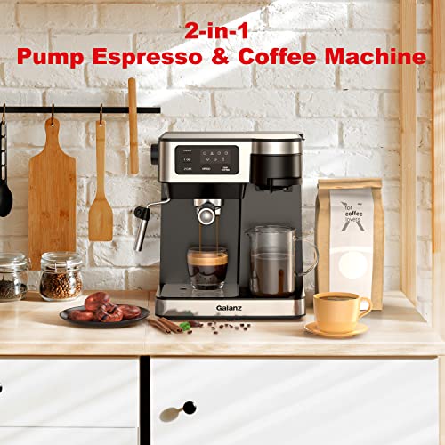 Galanz 2-in-1 Pump Espresso Machine & Single Serve Coffee Maker with Milk Frother, Latte, & Cappuccino Machine, 1.2L Removable Water Tank, LED Display Touch Control, Black with Stainless Steel Trim