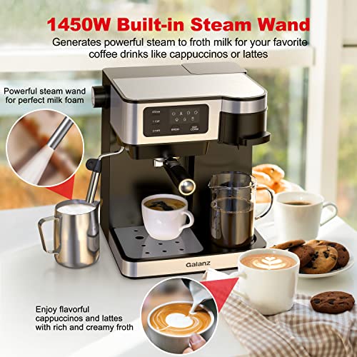 Galanz 2-in-1 Pump Espresso Machine & Single Serve Coffee Maker with Milk Frother, Latte, & Cappuccino Machine, 1.2L Removable Water Tank, LED Display Touch Control, Black with Stainless Steel Trim