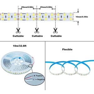 KXZM 24V LED Strip Light Cool White 6000K Double Row 32.8ft/10M 2400LEDs 2835 SMD 160W High Brightness 11000LM No-Waterproof IP20 Flexible Ribbon for Kitchen Hallways Decoration Lighting