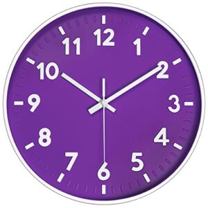 12 inch 3d number modern wall clock,round bright colorful dial,non ticking silent quartz battery operated wall clocks,easy to read simple style decor clock for bedroom,kitchen,livingroom(purple)