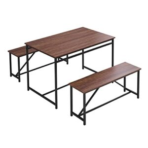 Panana 3 Piece Dining Room Table Set 43 Inch Kitchen Table with Two Benches Breakfast Table Top with Sew Kerf Finish Metal Frame Dining Room Home Rustic Brown