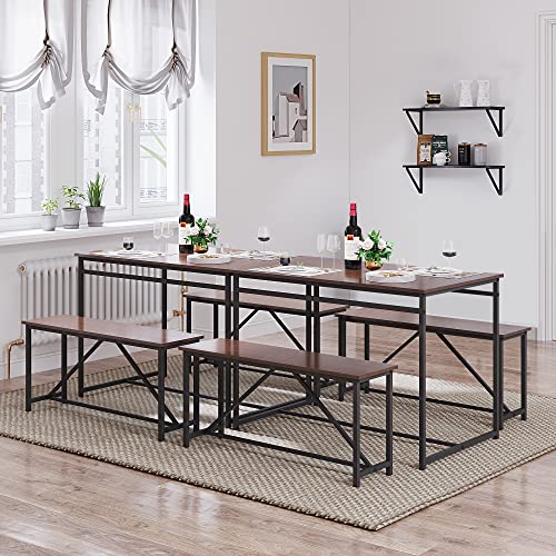 Panana 3 Piece Dining Room Table Set 43 Inch Kitchen Table with Two Benches Breakfast Table Top with Sew Kerf Finish Metal Frame Dining Room Home Rustic Brown