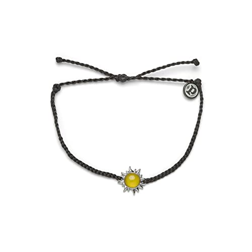 Pura Vida Silver Celestial Sun Braided Bracelet w/Citrine Stone - Adjustable Band, Brand Charm - Black