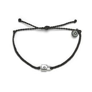 pura vida silver-plated lock charm bracelet w/rhinestone - adjustable band, brand charm - black