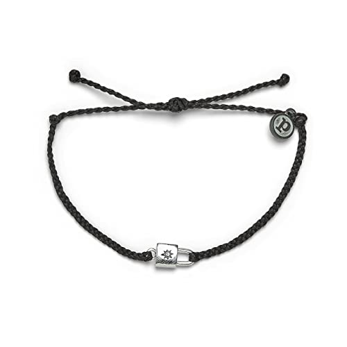 Pura Vida Silver-Plated Lock Charm Bracelet w/Rhinestone - Adjustable Band, Brand Charm - Black