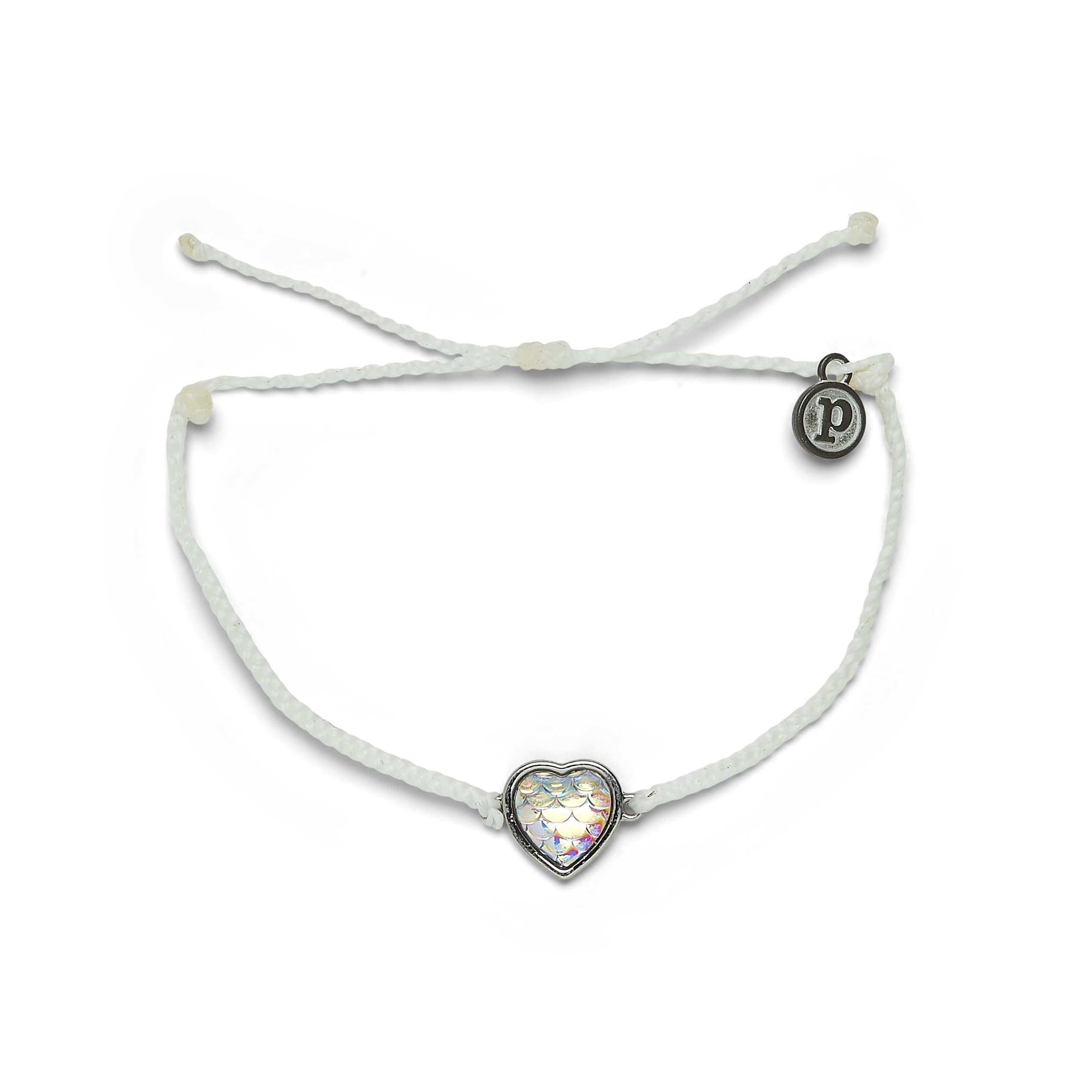 Pura Vida Silver Iridescent Mermaid Heart Bracelet - 100% Waterproof, Adjustable Band, Brand Charm - White