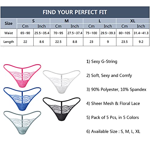 CKSUNG Women's Low Rise Soft Lace G-String Thong Panties, Pack of 5 (Small)