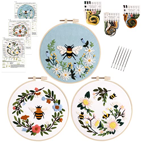 Lukinbox Embroidery Starter Kit for Beginners, 3 Sets Cross Stitch Kits for Adults, Include Embroidery Clothes with Cute Bees and Flowers Patterns, 1 Embroidery Hoop, Threads, Needles and Instruction