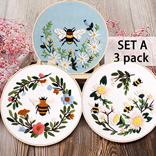 Lukinbox Embroidery Starter Kit for Beginners, 3 Sets Cross Stitch Kits for Adults, Include Embroidery Clothes with Cute Bees and Flowers Patterns, 1 Embroidery Hoop, Threads, Needles and Instruction