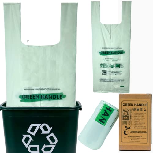 Green Handle US BPI certified 8 Gallon Extra Thick Compostable Trash Bag Liners with Handles (1.00 Mil = 25 mic) California SB 1383 ASTM D6400 Europe OK Home & Seedling (5~8 Gallon | 20~30 Liter)