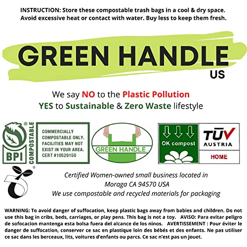 Green Handle US BPI certified 8 Gallon Extra Thick Compostable Trash Bag Liners with Handles (1.00 Mil = 25 mic) California SB 1383 ASTM D6400 Europe OK Home & Seedling (5~8 Gallon | 20~30 Liter)