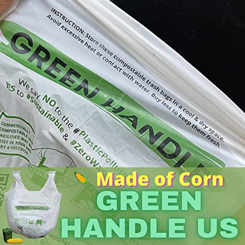 Green Handle US BPI certified 8 Gallon Extra Thick Compostable Trash Bag Liners with Handles (1.00 Mil = 25 mic) California SB 1383 ASTM D6400 Europe OK Home & Seedling (5~8 Gallon | 20~30 Liter)