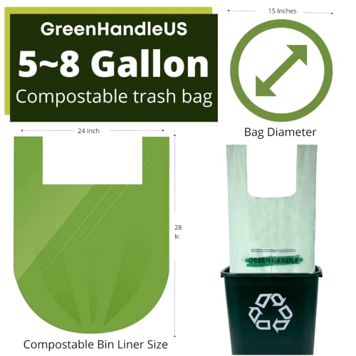 Green Handle US BPI certified 8 Gallon Extra Thick Compostable Trash Bag Liners with Handles (1.00 Mil = 25 mic) California SB 1383 ASTM D6400 Europe OK Home & Seedling (5~8 Gallon | 20~30 Liter)