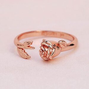 Pura Vida Rose Gold-Plated Disney Belle Rose Open Ring - Rosebud Charm, Brass Base - Size 6