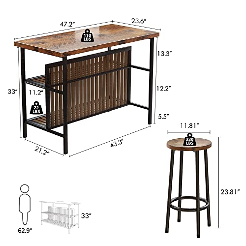 DKLGG 3 Piece Dinging Table Set, Faux Marble Dining Room Table Set with 2 Tier Storage Shelves, Bar Table Set with Bar Stools, Sturdy Kitchen Table with Storage for Restaurant, Living Room