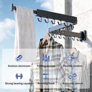 HEILAIYI Clothes Drying Rack for Laundry,Wall Mounted Clothes Hanger Rack,Folding,Retractable,Collapsible(J Shape Hooks)