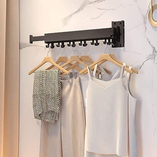 HEILAIYI Clothes Drying Rack for Laundry,Wall Mounted Clothes Hanger Rack,Folding,Retractable,Collapsible(J Shape Hooks)