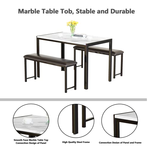 AWQM 3 Pieces Dining Room Table Set, Kitchen Table Set with Faux Marble Top Table and 2 PU Leather Upholstered Benches for Breakfast Nook, Apartment and Compact Space, White