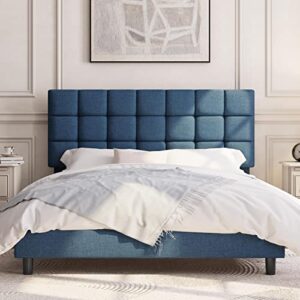 yaheetech queen size upholstered platform bed, mattress foundation with height adjustable tufted headboard and wood slat support, no box spring needed, easy assembly, navy blue